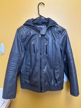 Urban Republic Black Faux Leather Bomber Jacket with Hood